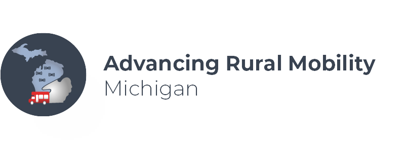 Advancing Rural Mobility Logo with state of Michigan outline, a bus symbolizing mobility, and four network icons symbolizing the four pilot partner agencies