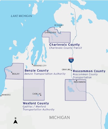 Map of the project area, highlighting the counties where the four pilot partner agencies reside. 