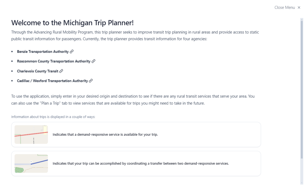 screenshot of home interface for Michigan trip planning application